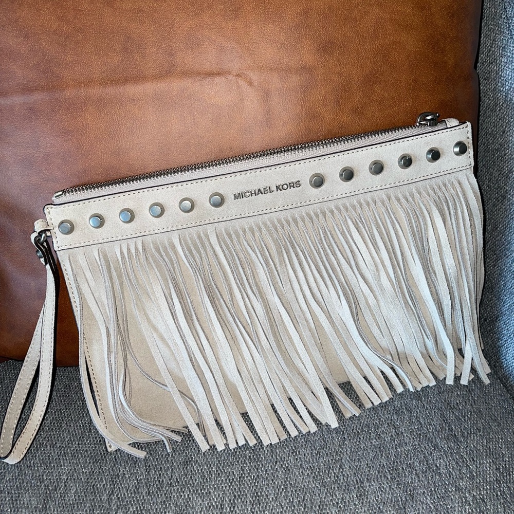 Michael Kors XL Zip Clutch Leather Cement Wrislet